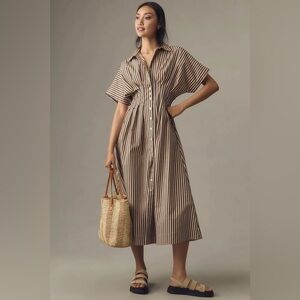 Mosong Button Front Pleated Midi Shirt Dress in Brown and White size 2XL